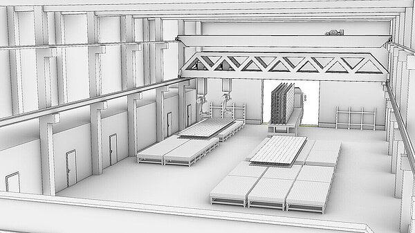 KI-generiertes Bild einer Industriehalle mit einem Lastwagen, Laufbänder und Industrierobotern