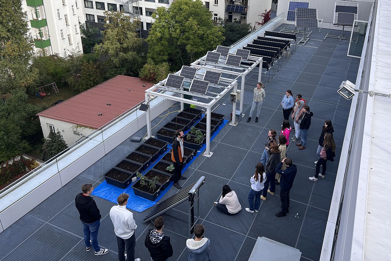 Gruppe von Schülerinnen und Schülern auf dem Dach der Hochschule. Dort befinden sich Pflanzbeete unter Solaranlagen.