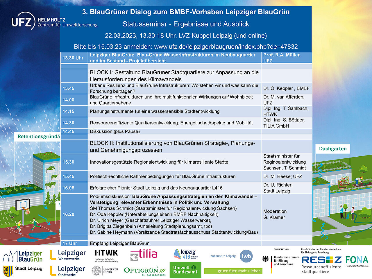 Tabellarischer Überblick der Agenda vom 3. BlauGrünen Dialog zum BMBF-Vorhaben Leipziger BlauGrün