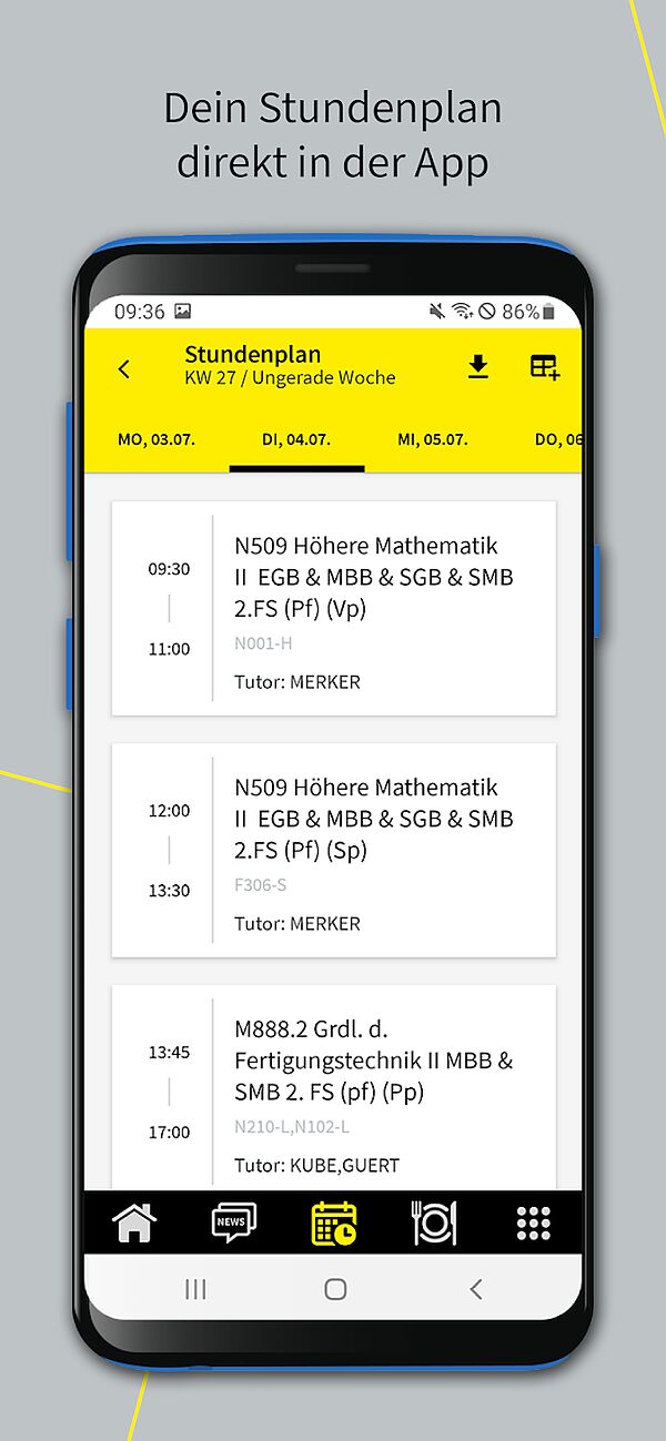Screenshot der HTWK-App mit geöffnetem Stundenplan