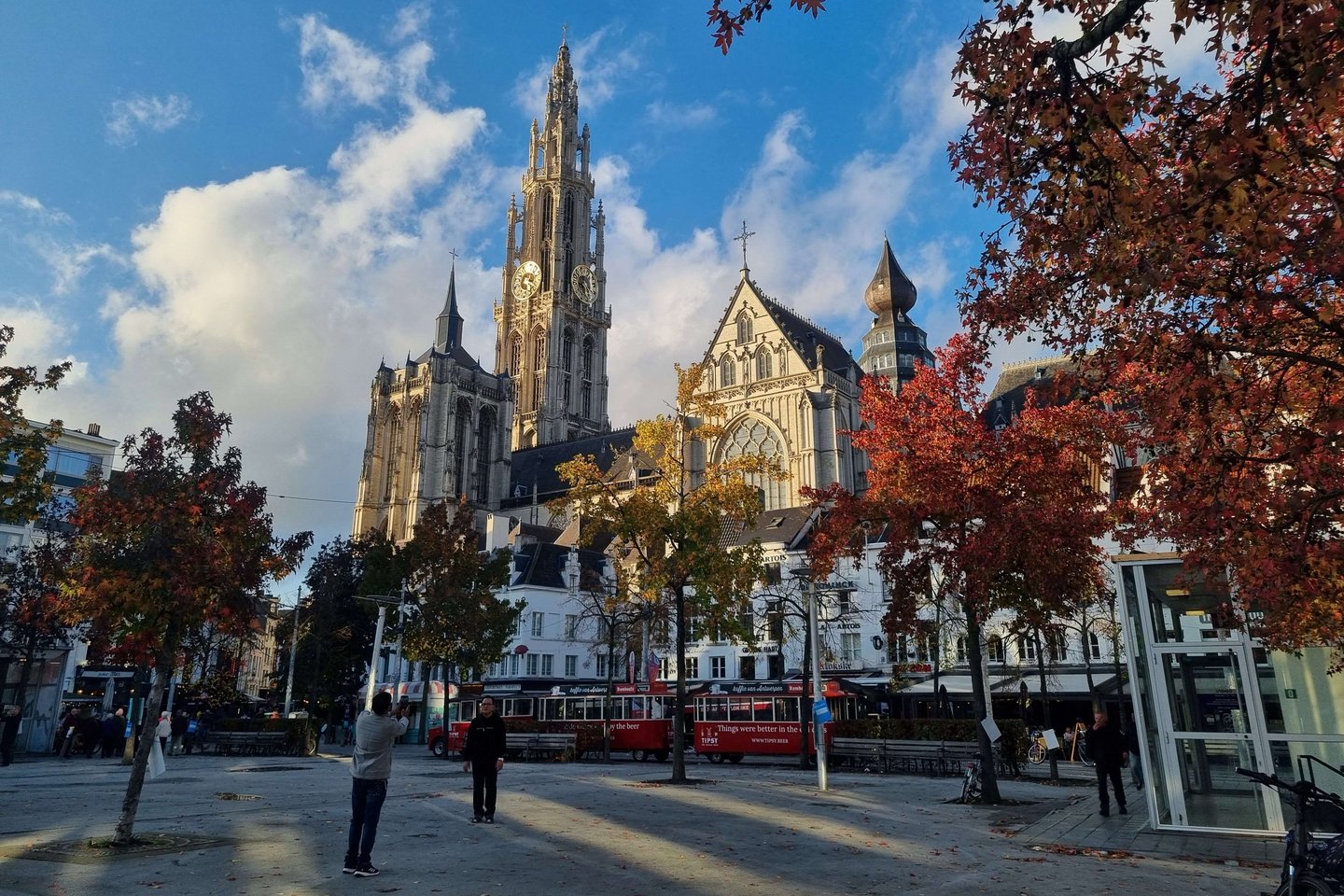 Kathedrale mit großem freien Platz und vielen Bäumen davor.