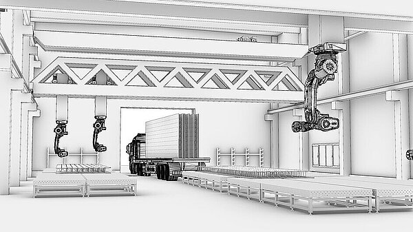 KI-generiertes Bild einer Industriehalle mit einem Lastwagen und Industrierobotern