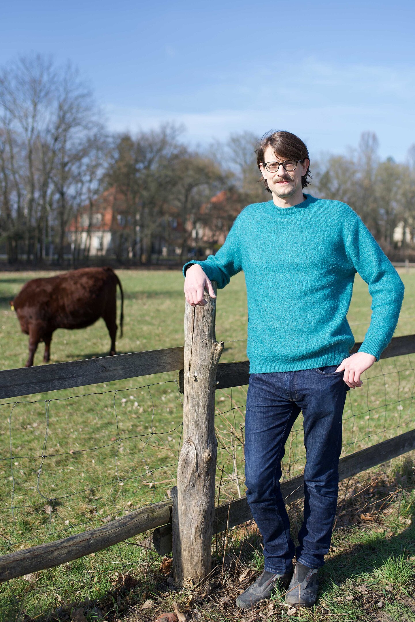 Dr. Reinhard Uehleke ein Mann steht am Zaun vor einer Rinderweide
